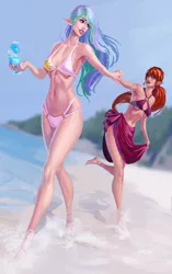 Size: 1024x1631 | Tagged: armpits, artist:sunset tide, barefoot, beach, bikini, breasts, clothes, derpibooru import, drink, elf ears, feet, female, grin, holding hands, human, humanized, lesbian, looking back, open mouth, princess celestia, shipping, skinny, smiling, suggestive, sunsestia, sunset shimmer, swimsuit, tall, unicorns as elves, water