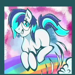 Size: 1000x1000 | Tagged: safe, artist:chaosmauser, derpibooru import, oc, pony, vampony, colourful, cute, hair over one eye, rainbow, smiling, solo