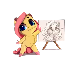 Size: 2000x1600 | Tagged: dead source, safe, artist:miokomata, derpibooru import, fluttershy, pegasus, pony, bipedal, butts, chibi, colored hooves, cute, dialogue, drawing, eye reflection, fangs, female, freckles, mouth hold, open mouth, pencil, pencil drawing, plot, reflection, shyabetes, simple background, sketch, smiling, solo, traditional art, transparent background, wingding eyes