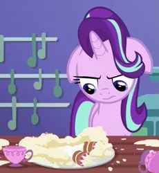 Size: 673x732 | Tagged: safe, derpibooru import, screencap, starlight glimmer, pony, unicorn, all bottled up, angry, cropped, cup, female, floppy ears, mare, solo, teacakes, teacup