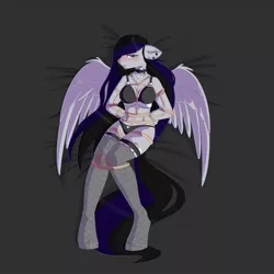 Size: 1280x1280 | Tagged: anthro, anthro oc, arm behind back, artist:dinoalpaka, black underwear, blushing, bondage, breasts, clothes, collar, derpibooru import, ear fluff, ear piercing, female, femsub, heart, heart print underwear, mare, oc, panties, pegasus, piercing, rcf community, rope, rope bondage, stockings, submissive, suggestive, thigh highs, underwear, unguligrade anthro, unofficial characters only