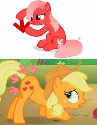 Size: 822x1057 | Tagged: suggestive, artist:arifproject, derpibooru import, edit, edited screencap, screencap, applejack, oc, oc:downvote, ponified, earth pony, pony, derpibooru, baby cakes, :q, apple, ass up, cutie mark, derpibooru ponified, downvote, downvote's downvotes, face down ass up, female, food, funny, juxtaposition, looking back, mare, meta, sitting, tongue out