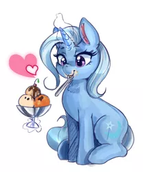 Size: 3900x4688 | Tagged: safe, artist:mrscurlystyles, derpibooru import, trixie, pony, unicorn, absurd resolution, cherry, chest fluff, chocolate, cute, diatrixes, ear fluff, eyelashes, female, food, glowing horn, heart, ice cream, magic, mare, messy eating, mouth hold, simple background, sitting, smiling, solo, spoon, telekinesis, white background