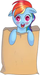 Size: 855x1600 | Tagged: safe, artist:brok-enwings, derpibooru import, rainbow dash, pony, bag, blushing, cute, dashabetes, female, floppy ears, looking at you, mare, multicolored hair, open mouth, paper bag, simple background, smiling, solo, transparent background