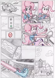 Size: 800x1128 | Tagged: safe, artist:manicsam, derpibooru import, pinkie pie, equestria girls, boots, brakes, car, comic, driving, humor, pedal, road, screaming, shoes, smiling, traffic light