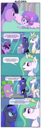 Size: 1116x3500 | Tagged: safe, artist:frenkieart, derpibooru import, princess celestia, princess flurry heart, princess luna, spike, twilight sparkle, twilight sparkle (alicorn), alicorn, dragon, pony, the crystalling, baby, baby pony, burn, comic, crystal empire, crystal palace, dialogue, female, horn, mare, wings