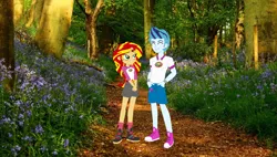 Size: 1500x850 | Tagged: safe, artist:mytri-atari, derpibooru import, sonata dusk, sunset shimmer, equestria girls, legend of everfree, camp everfree outfits, converse, equestria guys, female, forest, half r63 shipping, male, real life background, rule 63, scherzo lesto, shipping, shoes, sunlesto