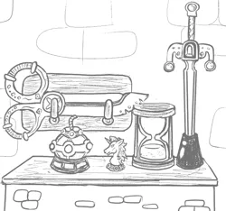 Size: 640x600 | Tagged: safe, artist:ficficponyfic, derpibooru import, cyoa:the wizard of logic tower, barely pony related, bomb, chess piece, cyoa, hourglass, jewel, knight, knight pony chess, monochrome, scissors, story included, sword, table, weapon