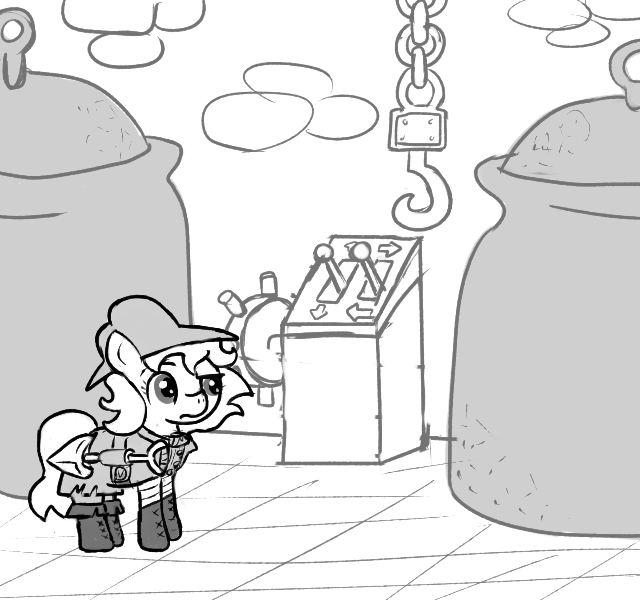 Size: 640x600 | Tagged: safe, artist:ficficponyfic, derpibooru import, oc, oc:lockepicke, unofficial characters only, cyoa:the wizard of logic tower, belt, boots, buckle, cauldron, clothes, coat, confused, cyoa, hat, hook, lever, monochrome, puzzle, shoes, shovel, story included