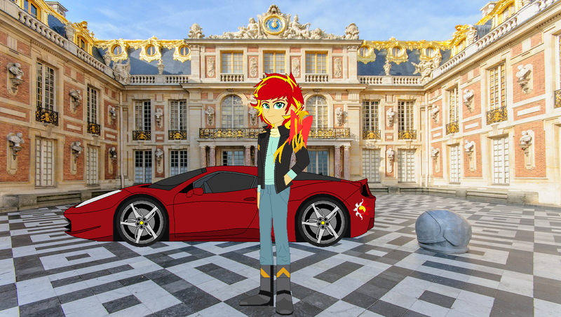 Size: 1500x850 | Tagged: safe, artist:mytri-atari, derpibooru import, philomena, sunset shimmer, equestria girls, friendship games, boots, car, clothes, equestria guys, ferrari, ferrari 458 italia, jacket, male, mansion, real life background, rule 63, shoes, sunset glare, supercar