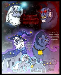 Size: 1024x1267 | Tagged: safe, artist:melspyrose, derpibooru import, grogar, star swirl the bearded, pony, sheep, unicorn, friendship through the ages, spoiler:s09, antagonist, becoming the villain, bells, cloven hooves, evil, evil grin, foreshadowing, friendship, good vs evil, grin, male, ram, sad, sadness, smiling, tambelon, turned away, turning against each other, villains of equestria, younger