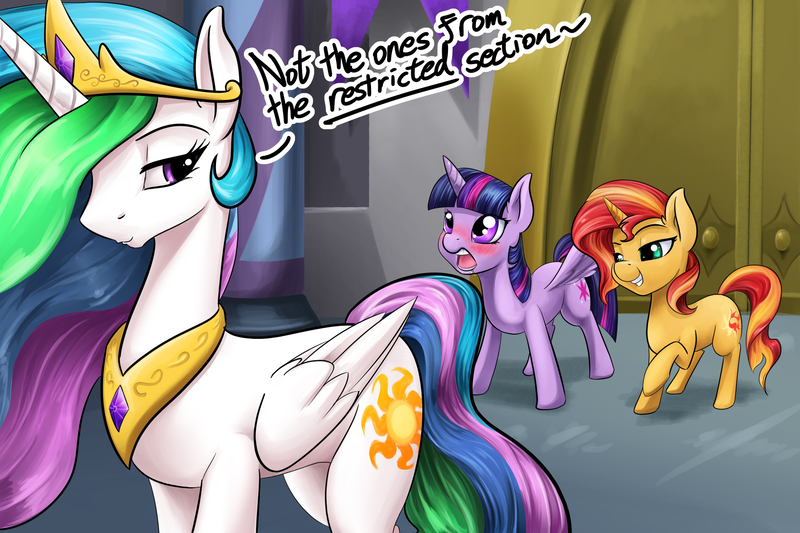 Size: 1800x1200 | Tagged: safe, artist:d-lowell, derpibooru import, princess celestia, sunset shimmer, twilight sparkle, twilight sparkle (alicorn), alicorn, pony, unicorn, equestria girls, equestria girls series, forgotten friendship, bedroom eyes, blushing, crown, dialogue, door, drool, female, harry potter, innuendo, jaw drop, jewelry, library, looking back, mare, open mouth, peytral, raised hoof, regalia, she knows, smiling, smug, spread wings, tiara, wingboner, wings