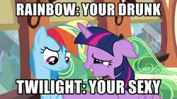 Size: 1280x720 | Tagged: safe, derpibooru import, edit, edited screencap, screencap, rainbow dash, twilight sparkle, twilight sparkle (alicorn), alicorn, pony, caption, drunk, drunk twilight, family guy, female, grammar error, image macro, lesbian, mare, meme, misspelling of you're, reference, shipping, twidash