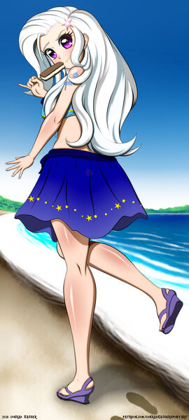 Size: 1280x2844 | Tagged: adorasexy, artist:conrad-hauser, beach, beach babe, clothes, cute, derpibooru import, diatrixes, equestria girls outfit, equestria girls series, female, forgotten friendship, high heels, human, humanized, ice cream sandwich, looking at you, looking back, ocean, safe, sand, sandals, sexy, shoes, smiling, solo, swimsuit, trixie