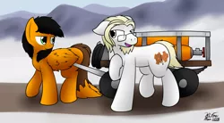 Size: 2520x1395 | Tagged: safe, artist:the-furry-railfan, derpibooru import, oc, oc:parchment bleach, oc:twintails, unofficial characters only, earth pony, pegasus, pony, air tank, dirt road, glasses, helium tank, hose, male, mountain, mountain range, snow, stallion, story included, this will end in balloons, wagon, walking, wheel