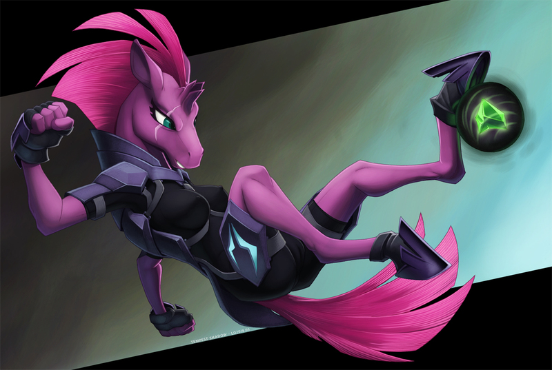 Size: 1200x805 | Tagged: questionable, artist:loupgarou, derpibooru import, tempest shadow, anthro, unguligrade anthro, unicorn, my little pony: the movie, armor, breasts, broken horn, busty tempest shadow, cameltoe, clothes, erect nipples, eye scar, female, hoers, mare, nipple outline, obsidian orb, scar, scene interpretation, skintight clothes, solo
