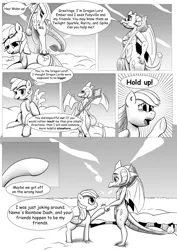 Size: 904x1280 | Tagged: safe, artist:ahobobo, derpibooru import, princess ember, rainbow dash, dragon, pegasus, pony, comic:expanding relations, fanfic, bloodstone scepter, cloud, comic, duffle bag, everfree forest, fanfic art, grayscale, hoofbump, monochrome, this will end in weight gain