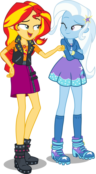 Size: 992x1800 | Tagged: safe, artist:seahawk270, derpibooru import, sunset shimmer, trixie, equestria girls, equestria girls series, forgotten friendship, boots, clothes, crossed arms, geode of empathy, high heel boots, hoodie, one eye closed, open mouth, simple background, skirt, socks, transparent background, vector