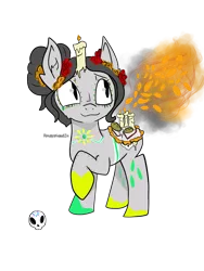 Size: 5400x7200 | Tagged: safe, artist:foxsystem12, derpibooru import, oc, oc:dia muerte, scented pony, unicorn, absurd resolution, calaverita, candle, colours, dia de los muertos, ear fluff, fire, flower, marigolds, ofrenda, pan de muerto, raised hoof, simple background, skull, skull pupil, smoke, sugar skulls, sugarskulls, trail, transparent background, updo