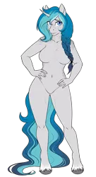 Size: 2191x4027 | Tagged: suggestive, artist:askbubblelee, derpibooru import, oc, oc:bubble lee, unofficial characters only, anthro, unguligrade anthro, unicorn, anthro oc, barbie doll anatomy, belly button, body freckles, breasts, featureless breasts, featureless crotch, female, freckles, hand on hip, mare, simple background, smiling, solo, solo female, transparent background