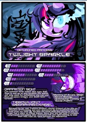 Size: 696x984 | Tagged: safe, artist:terry, derpibooru import, twilight sparkle, twilight sparkle (alicorn), alicorn, pony, ask friendly twilight, fan fiction fuel, reference sheet, sombra eyes, the literal bottom of the productivity barrel, trading card
