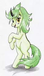 Size: 1649x2836 | Tagged: safe, artist:40kponyguy, derpibooru import, oc, oc:femstin endmmar, unofficial characters only, unicorn, bipedal, curved horn, ear fluff, female, looking at you, mare, requested art, simple background, solo, traditional art, white background