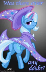 Size: 720x1128 | Tagged: safe, artist:texasuberalles, derpibooru import, trixie, pony, unicorn, cape, clothes, female, glowing horn, gradient background, hat, looking at you, looking back, magic, mare, plot, solo, telekinesis, trixie's cape, trixie's hat, was there ever any doubt?