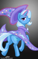 Size: 720x1128 | Tagged: safe, alternate version, artist:texasuberalles, derpibooru import, trixie, unicorn, cape, clothes, female, glowing horn, gradient background, hat, looking at you, looking back, magic, mare, plot, solo, telekinesis, trixie's cape, trixie's hat