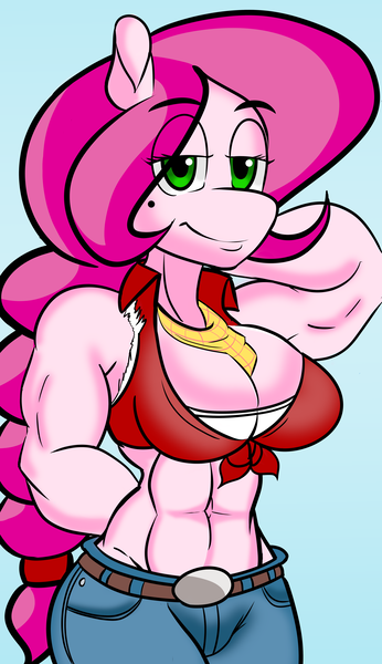 Size: 4500x7800 | Tagged: safe, artist:roguemccloud, derpibooru import, oc, oc:honey suckle, anthro, earth pony, abs, absurd resolution, anthro oc, arm behind head, breasts, buff, clothes, female, mare, muscles, solo