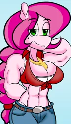 Size: 4500x7800 | Tagged: safe, artist:roguemccloud, derpibooru import, oc, oc:honey suckle, anthro, earth pony, abs, absurd resolution, anthro oc, arm behind head, breasts, buff, clothes, female, mare, muscles, solo