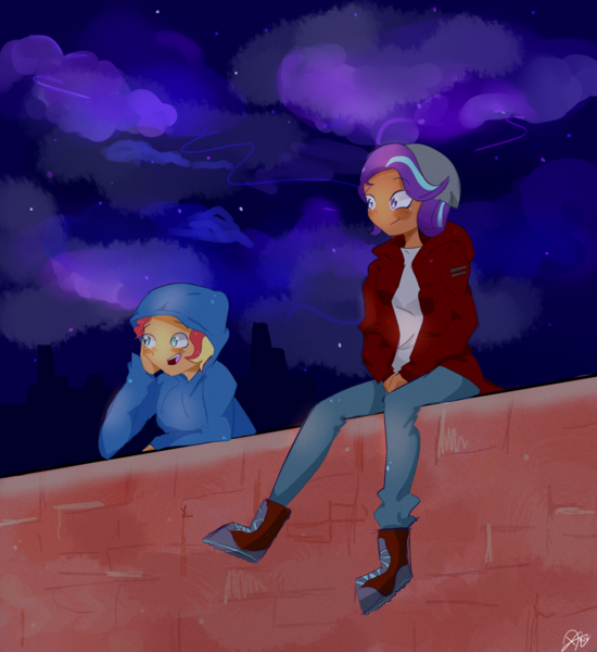 Size: 3897x4250 | Tagged: artist:noahther, clothes, derpibooru import, duo, hoodie, human, humanized, night, pants, safe, sitting, smiling, starlight glimmer, sunset shimmer, sweater