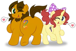 Size: 1600x1079 | Tagged: safe, artist:aleximusprime, derpibooru import, oc, oc:alex the chubby pony, oc:eilemonty, earth pony, pony, unicorn, bow, butt bump, butt to butt, butt touch, chubby, cute, duo, duo male and female, eilemonty, female, friends, heart, male, mare, mare and stallion, one eye closed, pictogram, plot, plot pair, plump, ponysona, stallion, wink