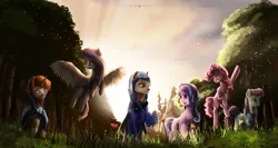 Size: 3856x2054 | Tagged: safe, artist:aidelank, derpibooru import, fluttershy, maud pie, pinkie pie, starlight glimmer, sunburst, oc, oc:foxtor volpes, earth pony, fox, fox pony, pegasus, pony, unicorn, canterlot castle, commission, crepuscular rays, flower, forest, fox hybrid, grass field