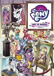 Size: 1400x1973 | Tagged: safe, artist:andypriceart, derpibooru import, idw, angel bunny, apple bloom, applejack, bon bon, cheerilee, fluttershy, rainbow dash, rarity, scootaloo, sweetie belle, sweetie drops, trixie, twilight sparkle, twilight sparkle (alicorn), alicorn, earth pony, pegasus, pony, rabbit, unicorn, spoiler:comic, alicorn amulet, art, art is magic, art museum, beautiful, bon bon is not amused, book, cape, clothes, cool, cover, crystal, cutie mark crusaders, female, filly, fine art parody, fluttalisa, gem, heart eyes, holding hooves, image, jpeg, male, mare, mona lisa, museum, painting, pretty, secret agent sweetie drops, statue, stealing, sunglasses, tail, tail pull, trixie's cape, unamused, wingding eyes