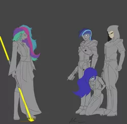 Size: 4201x4100 | Tagged: safe, artist:evanzblack, derpibooru import, princess celestia, princess luna, shining armor, human, absurd resolution, double lightsaber, engrish in the description, gray background, humanized, jedi, lightsaber, simple background, star wars, story included, weapon, woman