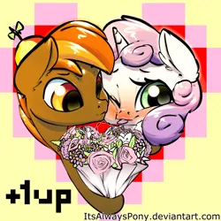 Size: 3000x3000 | Tagged: safe, artist:itsalwayspony, derpibooru import, button mash, sweetie belle, pony, blushing, bouquet, buttonbetes, colt, cute, female, filly, flower, heart, male, one eye closed, shipping, squishy cheeks, straight, sweetiemash, tongue out