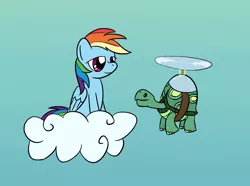 Size: 1720x1280 | Tagged: safe, artist:phat_guy, derpibooru import, rainbow dash, tank, pegasus, pony, tortoise, animal, cloud, critter, duo, eyes half closed, female, flying, gradient background, helicopter, hooves, looking at each other, mare, on a cloud, pet, sitting, sitting on cloud, sky, smiling, wings