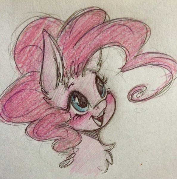 Size: 640x647 | Tagged: safe, artist:faline-art, derpibooru import, pinkie pie, earth pony, pony, blushing, chest fluff, ear fluff, female, happy, heart eyes, long ears, mare, open mouth, pencil drawing, simple background, smiling, solo, traditional art, wingding eyes