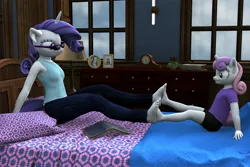 Size: 3000x2000 | Tagged: 3d, anthro, artist:tahublade7, barefoot, bed, book, clock, clothes, daz studio, derpibooru import, feet, fetish, foot fetish, footsie, framed picture, glasses, jeans, pants, plantigrade anthro, rarity, safe, sweetie belle