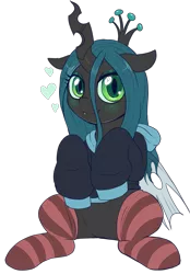 Size: 1879x2700 | Tagged: artist:evomanaphy, blushing, changeling, changeling queen, clothes, cute, cutealis, derpibooru import, featureless crotch, female, heart, looking at you, queen chrysalis, safe, simple background, smiling, socks, solo, striped socks, sweater, transparent background