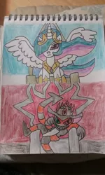 Size: 1024x1707 | Tagged: artist:tobiisabunny, derpibooru import, heaven, hell, oc, oc:dante the savage imp, princess celestia, safe, tartarus, traditional art