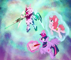 Size: 900x753 | Tagged: safe, artist:sapphiregamgee, derpibooru import, twilight sparkle, twilight sparkle (alicorn), alicorn, unicorn, 00 raiser, armor, crossover, feldt grace, glow, glowing eyes, gn particles, gn sword iii, gn-0000+gnr-010 00 raiser, gundam, gundam 00, magic, mobile suit gundam 00, setsuna f. seiei, trans-am