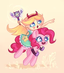 Size: 970x1103 | Tagged: safe, artist:avonir, derpibooru import, pinkie pie, earth pony, pony, crossover, duo, female, mare, mewmans riding ponies, riding, simple background, star butterfly, star vs the forces of evil, stars, wand, xk-class end-of-the-world scenario