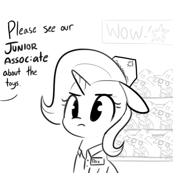 Size: 1650x1650 | Tagged: safe, artist:tjpones, derpibooru import, trixie, pony, unicorn, clothes, cute, dialogue, female, floppy ears, frown, grayscale, hat, mare, meme, monochrome, name tag, offscreen character, simple background, sketch, solo, toy, unamused, white background, wow, wow! glimmer