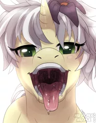 Size: 1800x2291 | Tagged: suggestive, artist:nummynumz, derpibooru import, oc, oc:mercury shine, unofficial characters only, unicorn, blushing, drool, flower, human teeth, imminent vore, maw, mawshot, open mouth, simple background, throat, tongue out, uvula, white background