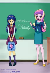 Size: 1100x1600 | Tagged: safe, artist:twilite-sparkleplz, derpibooru import, part of a set, flash sentry, princess cadance, oc, oc:felicity sentry, equestria girls, backpack, blushing, chalkboard, clothes, commission, commissioner:shortskirtsandexplosions, crossdressing, crystal prep academy, crystal prep academy uniform, crystal prep shadowbolts, dean cadance, desk, equestria girls-ified, eraser, femboy, girly sentry, looking at you, male, not rule 63, open mouth, part of a series, school uniform, smiling, trap