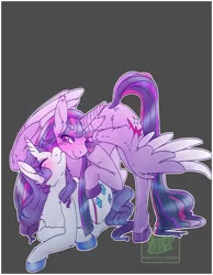 Size: 1050x1350 | Tagged: safe, artist:pastel-pony-pictures, deleted from derpibooru, derpibooru import, rarity, twilight sparkle, twilight sparkle (alicorn), alicorn, pony, unicorn, blushing, colored hooves, cutie mark, duo, eyes closed, female, gray background, horn, lesbian, lying on top of someone, mare, nuzzling, rarilight, shipping, simple background, smiling, wings