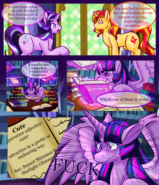 Size: 1000x1160 | Tagged: safe, artist:pastel-pony-pictures, deleted from derpibooru, derpibooru import, starlight glimmer, sunset shimmer, twilight sparkle, twilight sparkle (alicorn), alicorn, pony, unicorn, book, comic, counterparts, cutie mark, female, implied lesbian, indecision, lesbian, levitation, library, magic, open mouth, shipping, speech bubble, spread wings, studying, sunsetsparkle, swearing, sweat, sweatdrop, telekinesis, trio, twilight's castle, twilight's counterparts, twistarlight, vulgar, wings