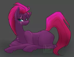 Size: 1125x875 | Tagged: safe, artist:pastel-pony-pictures, deleted from derpibooru, derpibooru import, fizzlepop berrytwist, tempest shadow, pony, unicorn, my little pony: the movie, blank flank, broken horn, chest fluff, cute, ear fluff, eye scar, female, gray background, horn, leg fluff, lying, mare, missing cutie mark, prone, scar, simple background, solo, tempestbetes
