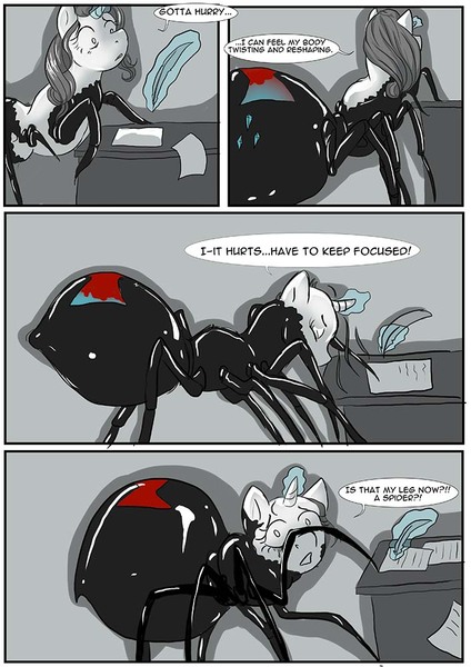 Size: 707x1000 | Tagged: semi-grimdark, artist:jrain9110, artist:kaeaskavi, derpibooru import, rarity, arachnid, black widow, giant spider, pony, spider, unicorn, comic:equestria's infestation plague, body horror, comic, desk, dialogue, eyes closed, glowing horn, hair loss, levitation, magic, makeup, pain, paper, partial color, quill, rarirachnid, running makeup, solo, speech bubble, spiderponyrarity, telekinesis, transformation, virus, writing